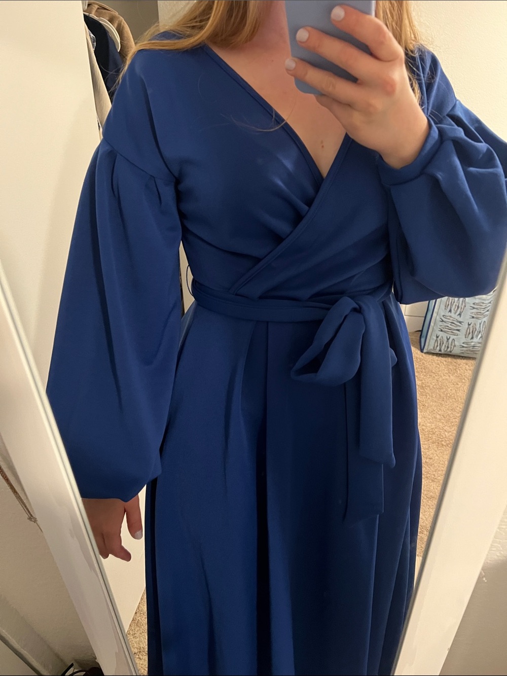 SHEIN Royal Blue Long Sleeve V-Neck Midi Dress